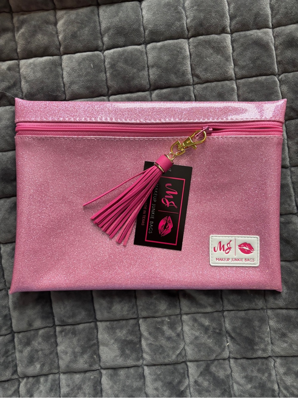 Makeup Junkie Bags Pink Glitter Cosmetic Pouch with Tassel Accent